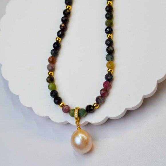 Tourmaline & King Size Edison Pearl Pendant Necklace 19" - Picture 10 of 11